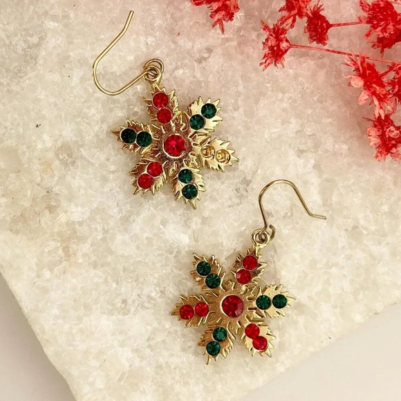 Vintage Jewelry - Gold Toned Rhinestone Snow Flake Shaped Vintage Christmas Holiday Earrings